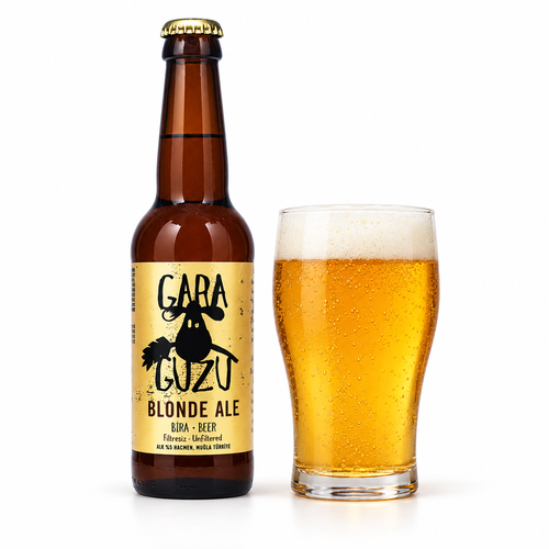 ガラグズ ブロンドエールのラベル付き瓶とビールを注いだグラス
