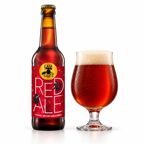 ガラグズ レッドエールのラベル付き瓶とビールを注いだグラス