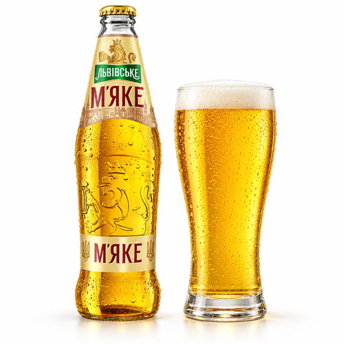 リヴィウシケ ミャケのラベル付き瓶とビールを注いだグラス