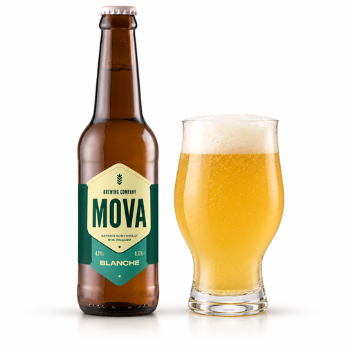 モヴァ ブランシュのラベル付き瓶とビールを注いだグラス