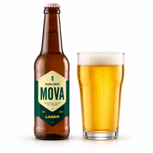 モヴァ ラガーのラベル付き瓶とビールを注いだグラス