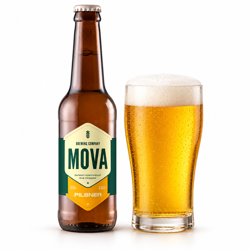 モヴァ ピルスナーのラベル付き瓶とビールを注いだグラス
