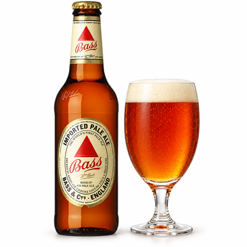 バス ペールエールのラベル付きボトルとビールのイメージ