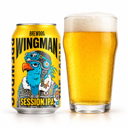 ブリュードッグ ウイングマン セッションIPAのラベル付き缶全体とビールを注いだグラス(生成イメージ)