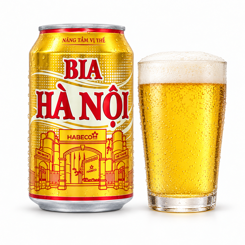 ハノイビールの商品イメージ（AI生成・ラベル付き容器）
