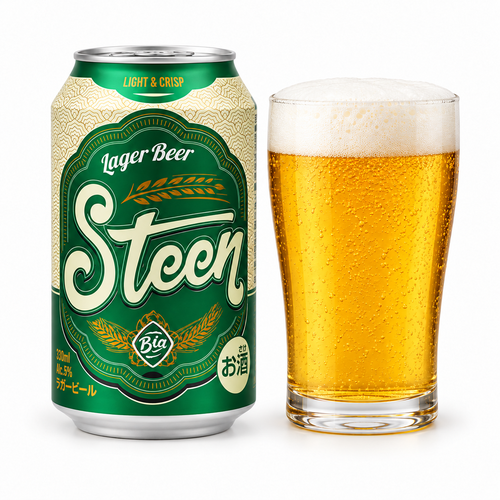 スティーン ラガービールの330ml缶とグラス